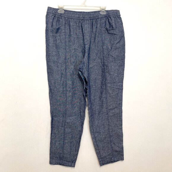 OLD NAVY High Waisted Cropped Linen Blend Pants Blue White Chambray Crop Ankle L - Picture 2 of 14